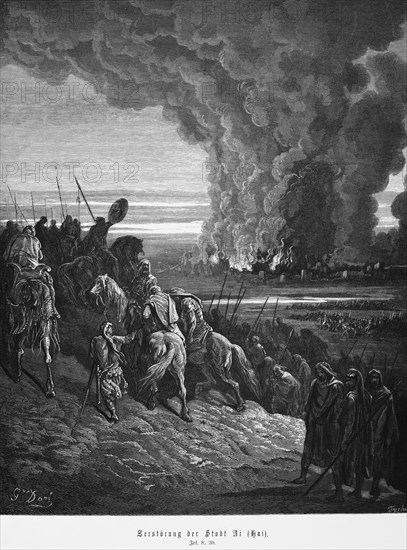 Destruction of the Canaanite royal city of Ai or Hai by Joshua, Book of Joshua, chapter 8, Aiah, fire, city in flames, smoke, city wall, destruction, army, horsemen, horses, weapons, lances, mountain, victory, defeat, Bible, Old Testament, historical illustration from 1886