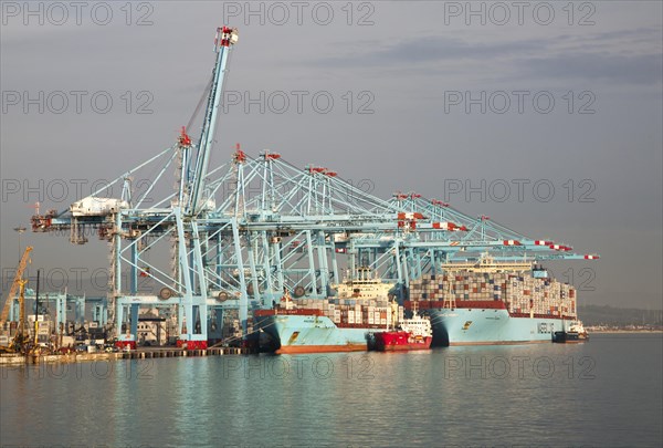 Large cranes at APM Terminals loading container ships port at Algeciras, Cadiz Province, Spain, Europe