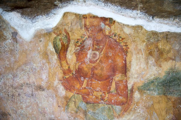 Rock painting frescoes of maidens in the palace fortress, Sigiriya, Central Province, Sri Lanka, Asia