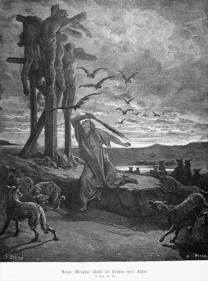 Rispa or Repha protects the bodies of her sons, 2nd Book of Samuel, crucifixion, dying, birds, dogs, danger, rod, woman, Bible, Old Testament, historical illustration