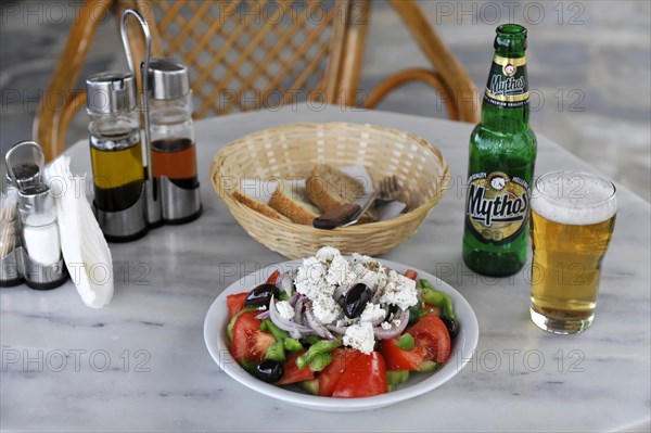 Greek salad, table setting, taverna, restaurant, Falasarna, Phalasarna, Crete, Greece, Europe