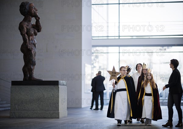 Federal Chancellor Olaf Scholz (SPD) pictured at the traditional reception for carol singers at the Federal Chancellery in Berlin, 8 January 2024