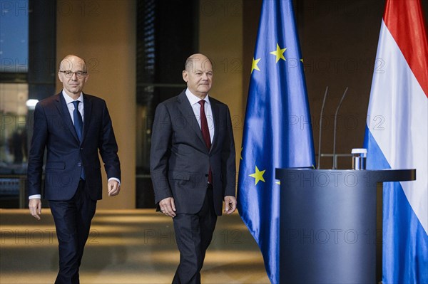 Federal Chancellor Olaf Scholz (SPD) and Luc Frieden, Prime Minister of the Grand Duchy of Luxembourg, give a press conference after talks at the Federal Chancellery in Berlin, 8 January 2024