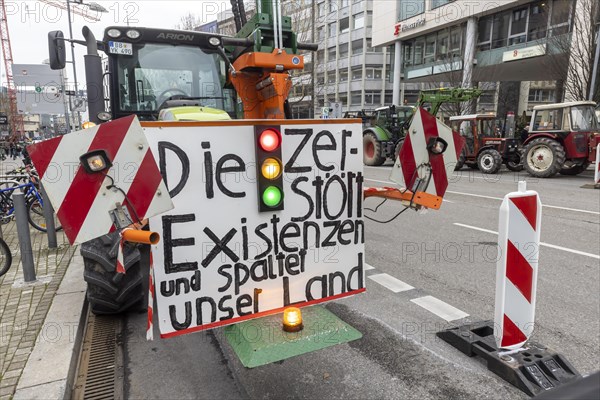 Farmers' protests in Germany. Farmers protest with tractors and banners against tax increases by the traffic light government, Stuttgart, Baden-Wuerttemberg, Germany, Europe