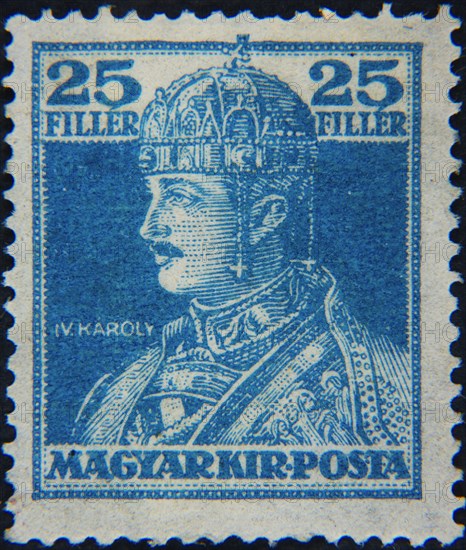 Charles I (1887, 1922) Emperor of Austria and as IV. Karoly (Karl IV) King of Hungary 1916â€“1918. Portrait on Hungarian postage stamp