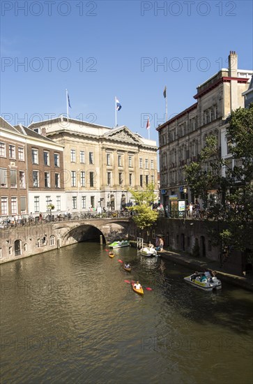 People kayaking near the Stadhuis, Oudegracht canal, Utrecht, Netherlands