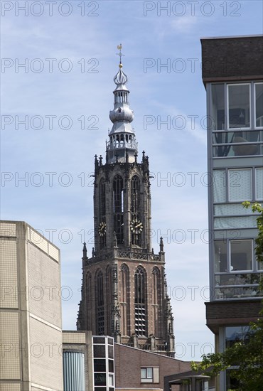 Gothic church clock tower, Onze Lieve Vrouwetoren, Amersfoort, Netherlands