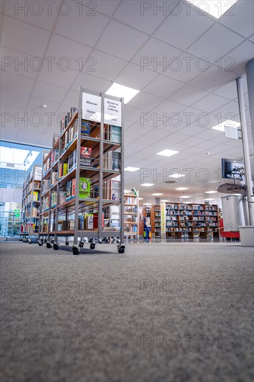 Cosy reading corner with bookshelves in a modern library, Black Forest, Nagold, Germany, Europe