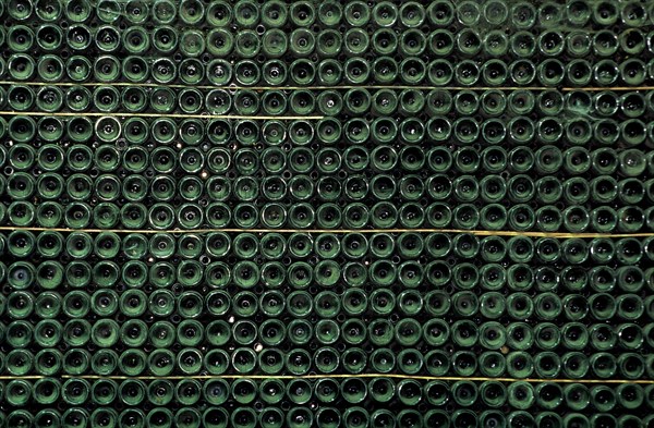 Stacked bottles of Belgian Geuze beer in brewery, Belgium, Europe