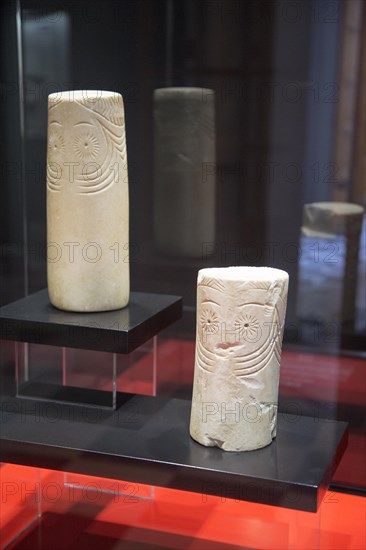 Chalcolithic marble cylinder shaped idols from 2, 500 BC archaeology museum, Jerez de la Frontera, Cadiz Province, Spain, Europe