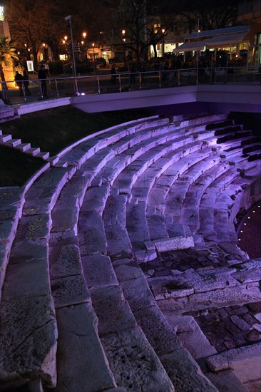 Roman stadium steps illuminated at night, city centre of Plovdiv, Bulgaria, Europe