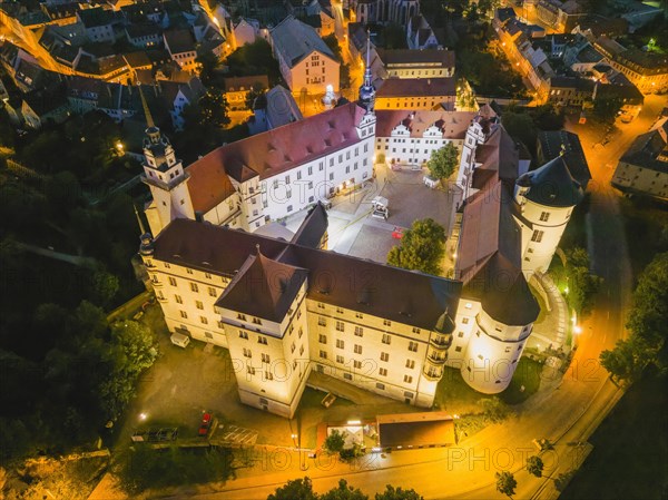 Hartenfels Castle from above, at dusk, Torgau, Saxony, Germany, Europe