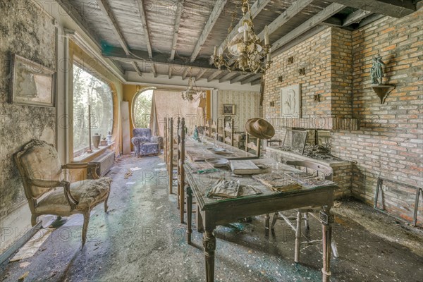 An old dining table and chairs in an abandoned room with a chandelier, Maison Limmi, Lost Place, Kalken, Laarne, Province of East Flanders, Belgium, Europe
