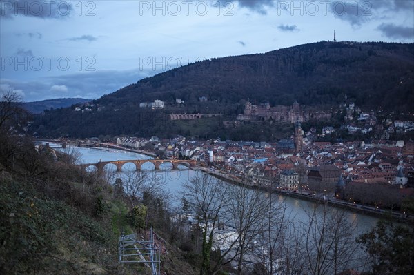 View of the old bridge and the castle from Philosophenweg, Heidelberg, Baden-Wuerttemberg, Germany, Europe