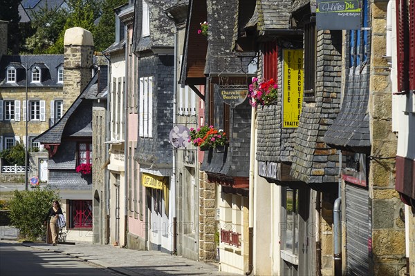 Rue du General de Gaulle in the old town centre of Le Faou with slate-roofed granite houses from the 16th century, Finistere Penn ar Bed department, Bretagne Breizh region, France, Europe