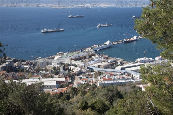 View over docks and shipyard warehouses in Gibraltar, British territory in southern Europe