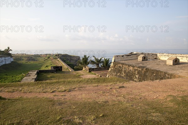 Coastal scenery and historic walls of the fort, Star Bastion, Galle, Sri Lanka, Asia looking south, Asia