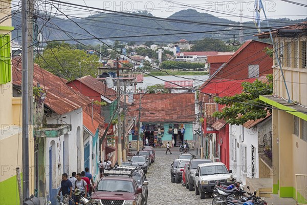 Street in the city Flores, capital of the Peten Department, Guatemala, Central America