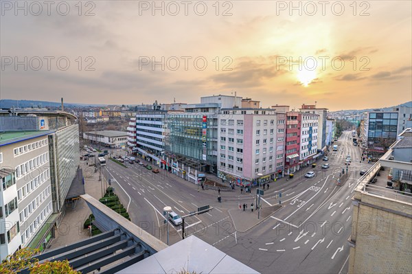 Wide view over a city street at dusk with a view of buildings and sky, Pforzheim, Germany, Europe