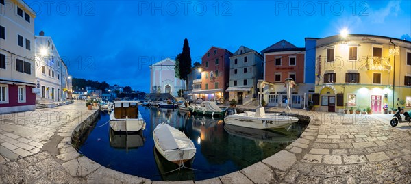 St. Anthony's Church and harbour, blue hour at dawn, panoramic view, Veli Losinj, Kvarner Bay, Croatia, Europe