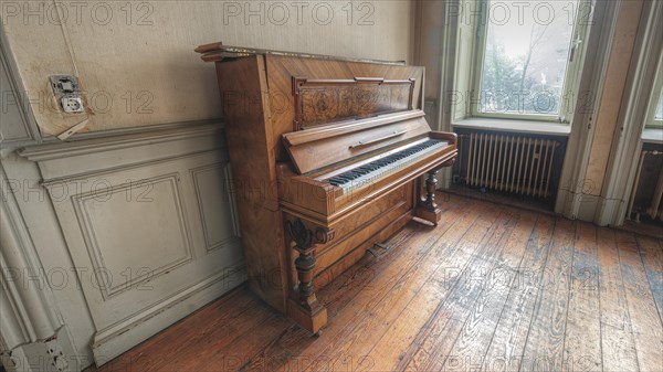 An old grand piano in a room with historic charm and a worn wooden floor, Villa Woodstock, Lost Place, Wuppertal, North Rhine-Westphalia, Germany, Europe