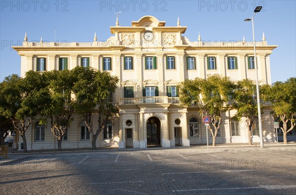 Historic port authority office building Malaga, Spain eclectic classicist style, 1935 architect Manuel Acena Gonzalez