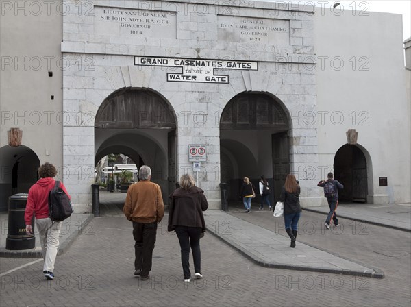 People walking at Grand Casemates gates entrance, Gibraltar, British terroritory in southern Europe, Europe