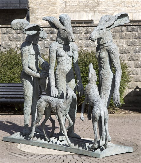 â€œPaint potsâ€ sculpture by artist Sophie Ryder in Brewery Court, Cirencester, Gloucestershire, England, UK