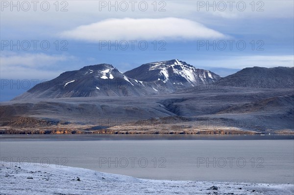 View over mountains and sea at Krossfjorden, Svalbard, Spitsbergen, Norway, Europe