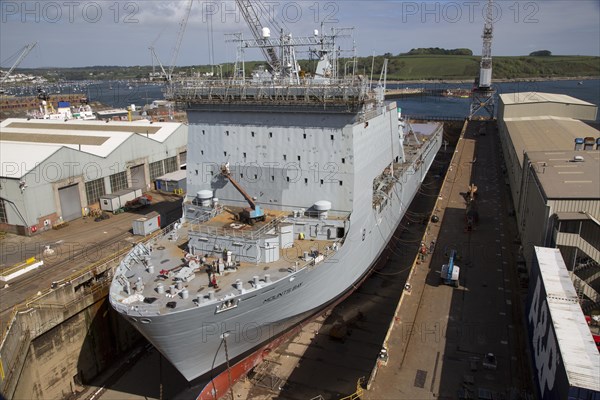 RFA Mounts Bay ship in dry dock, Falmouth, Cornwall, England, UK