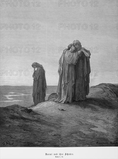 Noemi or Naomi and her cords, Book of Ruth, chapter 1, three woman, daughters-in-law, grief, sorrow, embrace, long robes, mountain, plain, river, Bible, Old Testament, historical illustration 1885