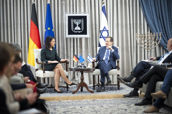 Federal Foreign Minister Annalena Baerbock (Alliance 90/The Greens) at the meeting with the President of the State of Israel, Mr Yitzchak Herzog. Baerbock is travelling to Israel, the Palestinian Territories and the Arab Republic from 7 January to 14 January 2024