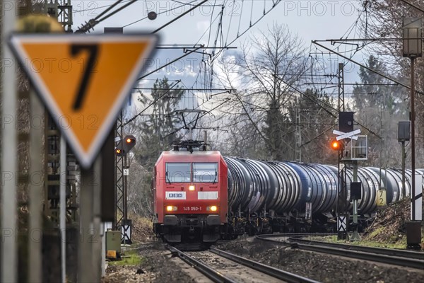 Railway line with goods train RBH Logistics, class BR145 locomotive, Stuttgart, Baden-Wuerttemberg, Germany, Europe