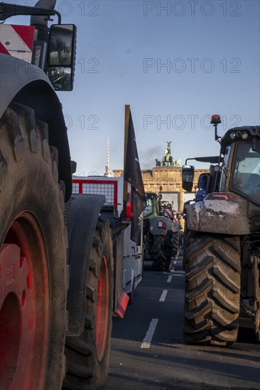 Germany, Berlin, 08.01.2024, Protest by farmers in front of the Brandenburg Gate, nationwide protest week against the policies of the traffic light government and cuts for farms, Europe