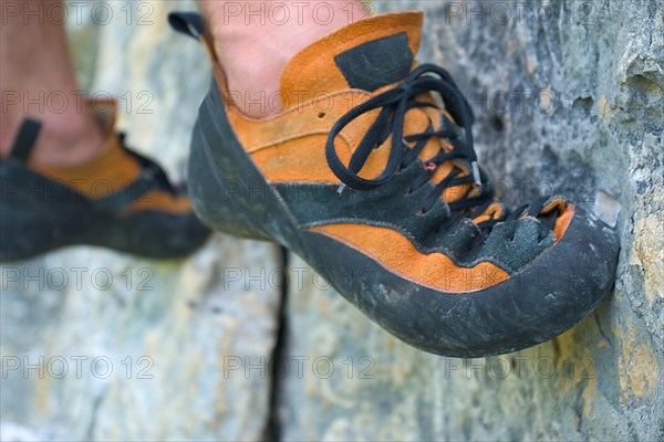 Friction climbing shoes on a small foothold, freeclimbing, climber, Detail, Close Up