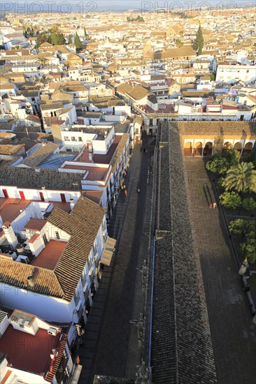 Oblique raised angle view of historic city centre buildings, Cordoba, Spain, Europe