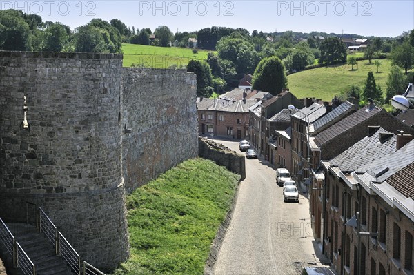 View over street and old medieval town rampart at Binche, Hainaut, Wallonia, Belgium, Europe