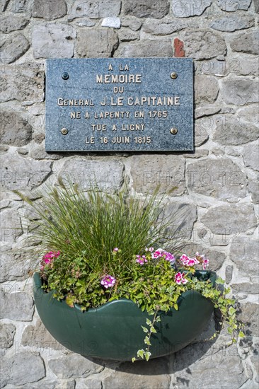 Commemorative plaque for general Jacques Lecapitaine, killed during the 1815 Battle of Ligny, Sombreffe, Namur, Wallonia, Belgium, Europe