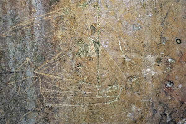 Old graffiti of galleon sailing ship carved on rampart wall of the citadel at Brouage, Hiers-Brouage, Charente-Maritime, France, Europe