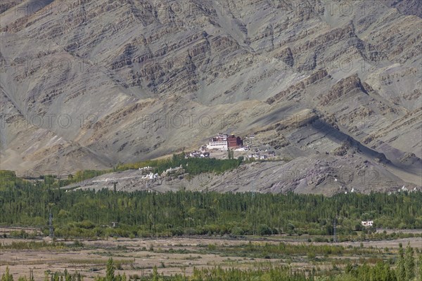 Matho Gompa, the Buddhist monastery of Central Ladakh, seen in mid-September, from the Thikse Monastery located on the opposite side of the Indus Valley. Mountains behind the monastery, with clearly visible strata, the rock layers, belong to the Zanskar Range of the Himalayas. Many inhabitants of Ladakh follow the Tibetan Buddhism, and this Indian region is often called Little Tibet. District Leh, Union Territory of Ladakh, India, Asia