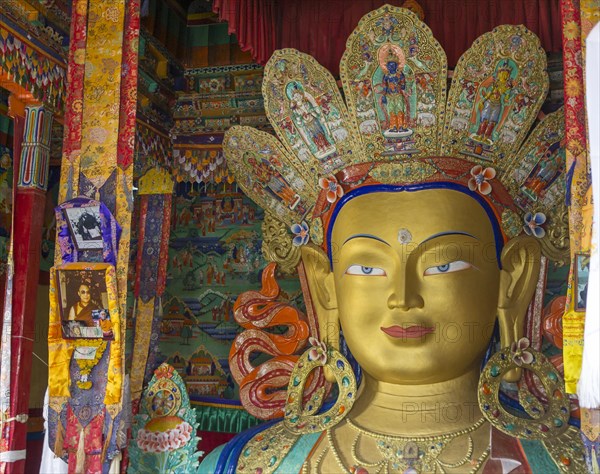 Statue of Maitreya, the future Buddha, located in a temple at Thikse Gompa, the Buddhist monastery in Central Ladakh. This monastery belongs to the Gelug, Yellow Hats, tradition of the Tibetan Buddhism. District Leh, Union Territory of Ladakh, India, Asia