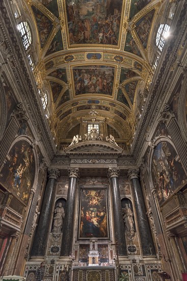 Chancel with a painting by Peter Paul Rubens in the baroque Chiesa del Gesu, built at the end of the 16th century, Via di Porta Soprana, 2, Genoa, Italy, Europe