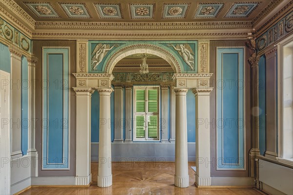 Elegant inner corridor with columns, high ceilings and closed shutters, Schachtrupp Villa, Lost Place, Osterode am Harz, Lower Saxony, Germany, Europe