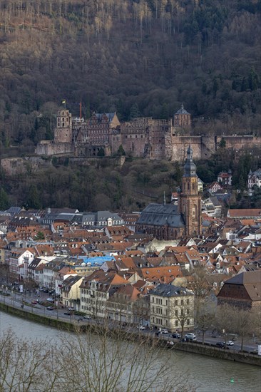 Old town and castle, Neckarstade in front, Heiliggeistkirche, Heidelberg, Baden-Wuerttemberg, Germany, Europe