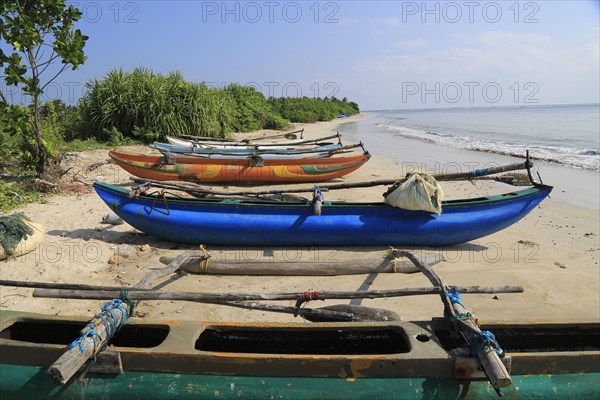 Outrigger fishing canoes on tropical beach at Pasikudah Bay, Eastern Province, Sri Lanka, Asia