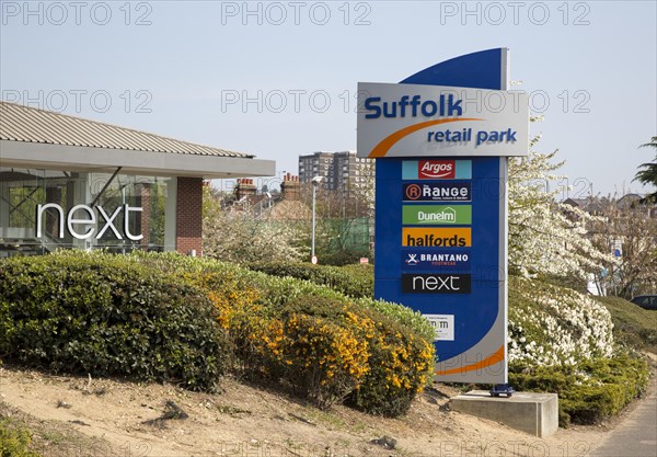Sign for Suffolk Retail park, central Ipswich, Suffolk, England, UK