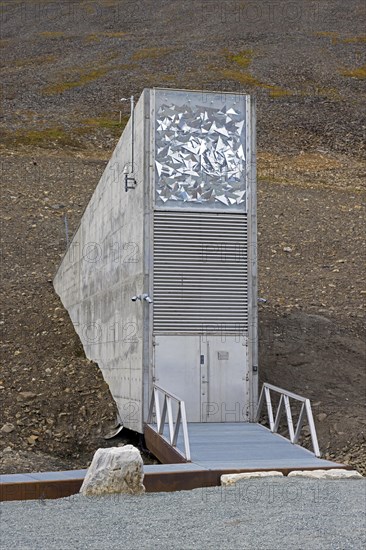 Entrance to the Svalbard Global Seed Vault, largest seed bank in the world and backup facility for the crop diversity near Longyearbyen, Spitsbergen