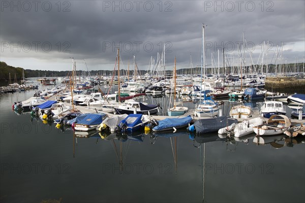 Yachts moored in marina, Falmouth, Cornwall, England, UK