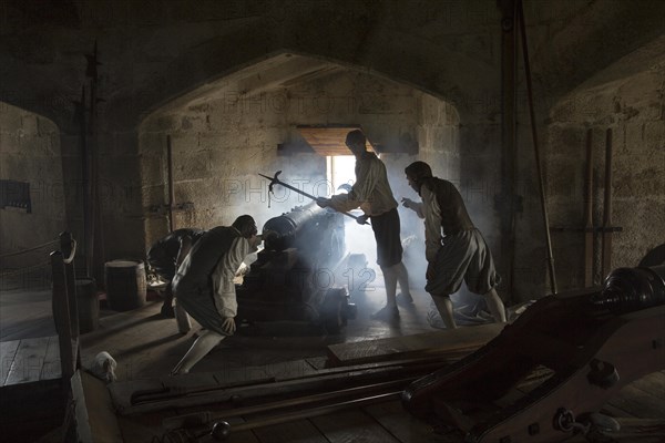 Mannequin models recreate battle scene inside Pendennis castle, Falmouth, Cornwall, England, UK