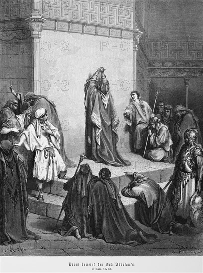 David weeping over the death of Absalom, 2nd Book of Samuel, chapter 18, weeping, lamenting, temple room, steps, men, staff, despair, mourning, soldier, Bible, Old Testament, historical illustration 1885